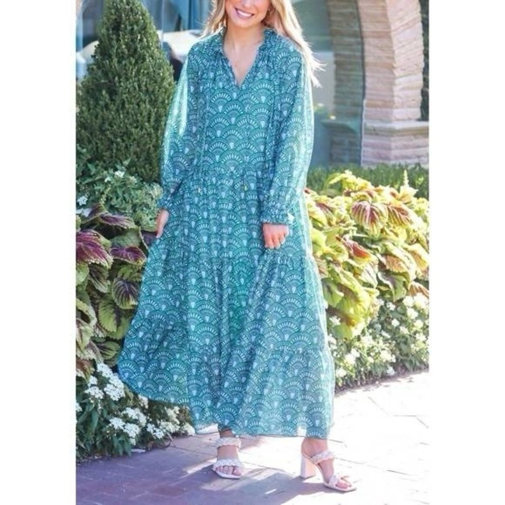 J Marie Nora Tiered Maxi Dress Blue Green Medium Long Sleeve Lined Coastal Boho